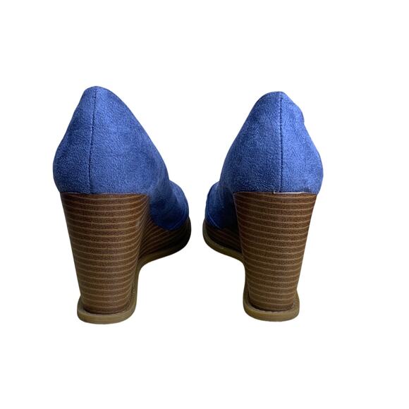 Lower East Side Vintage 90s Denim Blue Suede Platform Peep-Toe Wedges -Size 7 - Picture 5 of 8